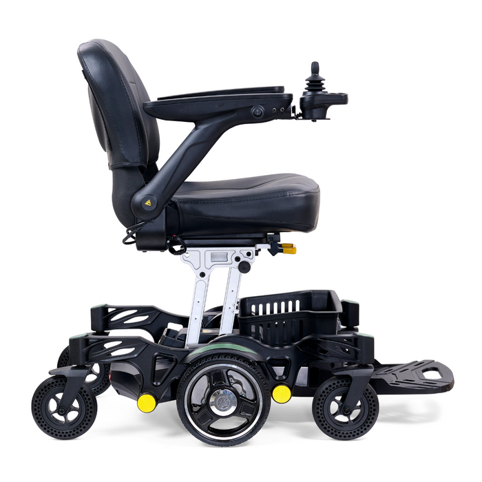 The Golden Tech GP130 Buzzaround CarryOn is a black and silver ultra-compact powerchair featuring joystick control, a padded seat, armrests, large rear wheels, and an extended footrest. This sleek folding power wheelchair offers a modern design for effortless mobility.