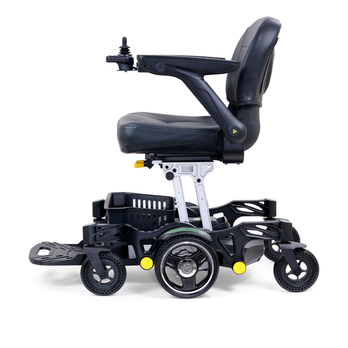 The Golden Tech GP130 Buzzaround CarryOn is a sleek, compact black power chair featuring high-tech electric functions. It offers cushioned seating, adjustable armrests, and 4-wheel suspension for smooth maneuverability. A joystick on the armrest ensures effortless control of this modern marvel.