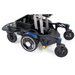 The Golden Tech GP130 Buzzaround CarryOn Portable Powerchair features a compact design with four wheels, a black frame, and blue accents. It includes 4-wheel suspension for smooth maneuverability and has a metallic basket perfect for holding a seat or platform.