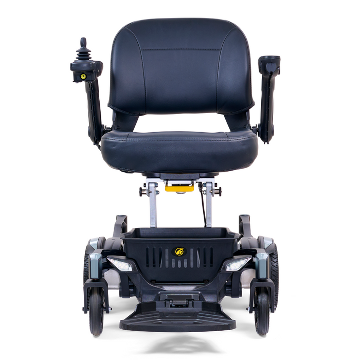 The stylish Golden Tech GP130 Buzzaround CarryOn is a black motorized wheelchair featuring a padded seat, armrests, joystick control on the right, ultra-compact four-wheel suspension, and modern design. It is depicted folded from the front against a white background.