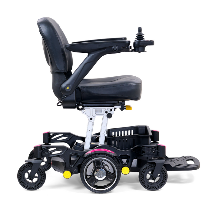 The Golden Tech GP130 Buzzaround CarryOn Portable Powerchair offers a sleek black frame, adjustable cushioned seat, joystick control, and durable wheels. Experience enhanced mobility with ultra-compact maneuverability and 4-wheel suspension for a smoother ride.