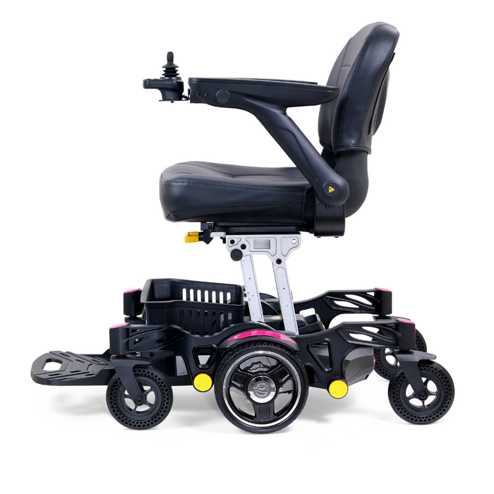 The Golden Tech GP130 Buzzaround CarryOn Portable Powerchair is a sleek, modern folding wheelchair with cushioned seating, joystick control, four-wheel suspension, and large wheels for stability. Its ultra-compact frame features accents in black, silver, and yellow for enhanced maneuverability.