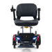 The Golden Tech GP130 Buzzaround CarryOn Portable Powerchair showcases a front view with a black cushioned seat, armrests, and a right-hand joystick. It features four wheels, LED lights on the front pair, and is designed for personal transportation and accessibility.