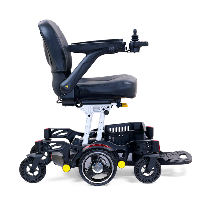 Meet the Golden Tech GP130 Buzzaround CarryOn Portable Powerchair: a compact chair with a black seat, adjustable armrests, right-arm joystick control, sturdy wheels, 4-wheel suspension, and a footrest for enhanced mobility and comfort.