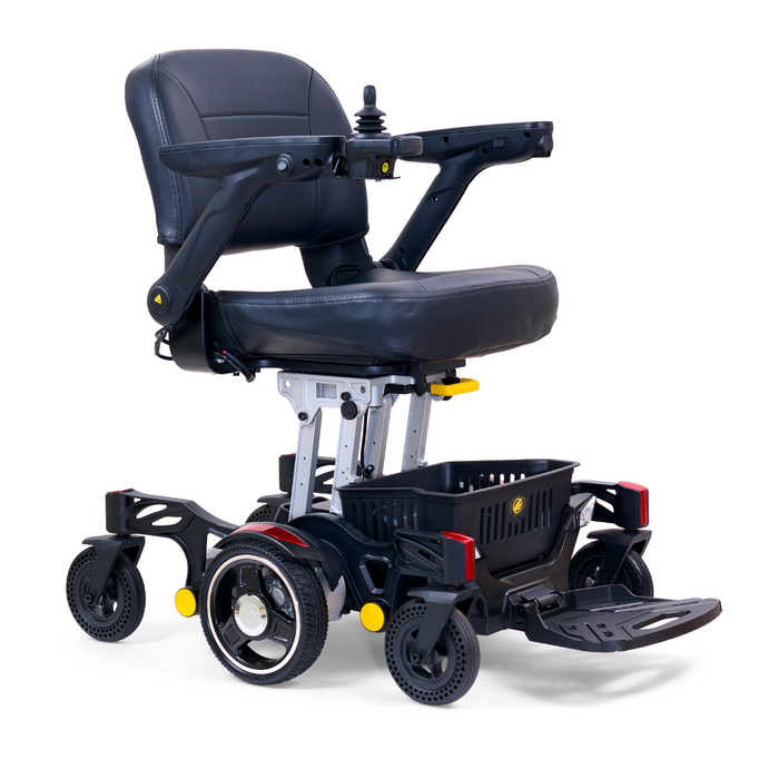 The Golden Tech GP130 Buzzaround CarryOn Portable Powerchair features a black cushioned seat, right-arm joystick control, ultra-compact design, and 4-wheel suspension for sleek mobility. A convenient basket under the seat adds extra utility.