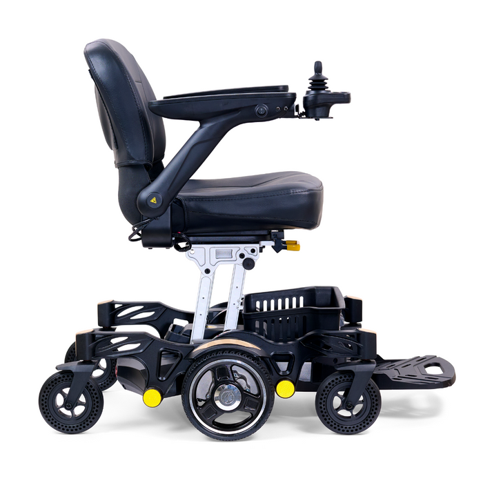 The Golden Tech GP130 Buzzaround CarryOn is a modern folding power wheelchair with black cushioning, joystick control on the armrest, and four small wheels. It features a sleek design with 4-wheel suspension, a sturdy frame, and footrests for ultimate comfort.