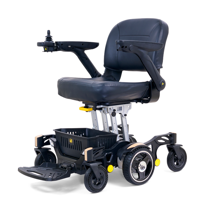 The Golden Tech GP130 Buzzaround CarryOn Portable Powerchair is an ultra-compact, motorized wheelchair with a cushioned seat and backrest, large rear wheels, smaller front wheels, adjustable armrests, a detachable footplate, and an armrest-mounted control joystick for easy navigation.