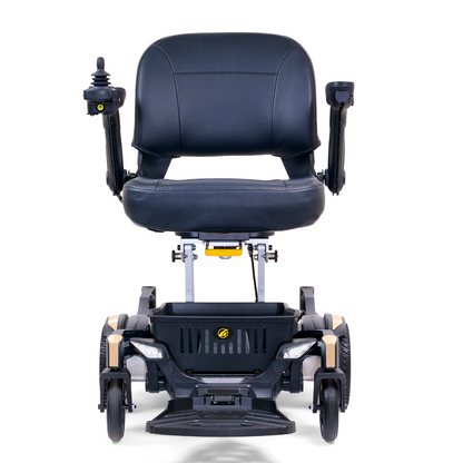 The Golden Tech GP130 Buzzaround CarryOn Portable Powerchair is a black folding wheelchair with a joystick on the armrest. It boasts an ultra-compact design, cushioned seat, armrests, and a sturdy frame with 4-wheel suspension for smooth navigation.
