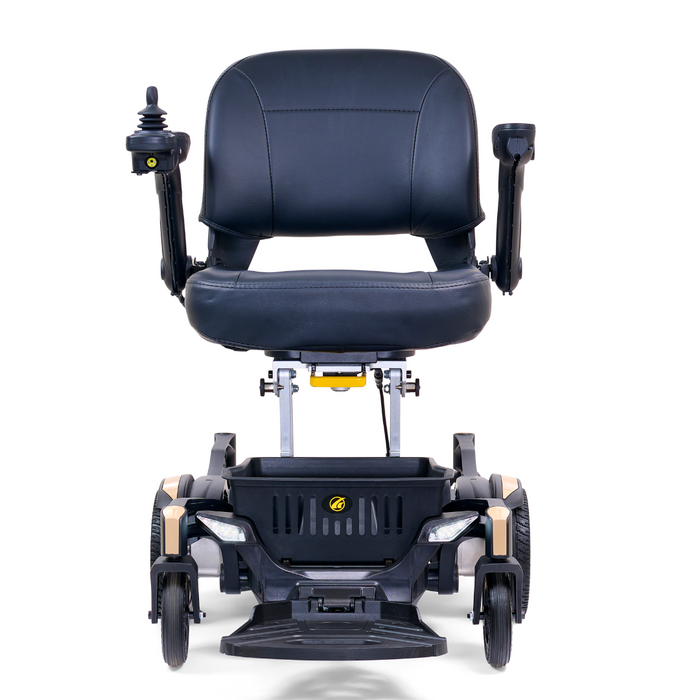 The Golden Tech GP130 Buzzaround CarryOn Portable Powerchair is a black folding wheelchair with a joystick on the armrest. It boasts an ultra-compact design, cushioned seat, armrests, and a sturdy frame with 4-wheel suspension for smooth navigation.