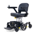 The Golden Tech GP130 Buzzaround CarryOn Portable Powerchair is a sleek black and silver compact chair with a joystick on the right armrest, offering a cushioned seat, foldable armrests, and a footrest. It provides easy maneuverability with small front wheels, larger rear wheels, and a basket under the seat.