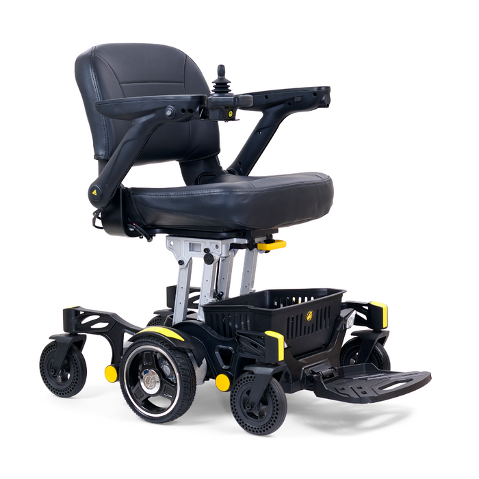 The Golden Tech GP130 Buzzaround CarryOn Portable Powerchair is a compact, black folding wheelchair with yellow accents, padded seating, right-armrest joystick control, and four wheels. It features a storage basket beneath the seat for added convenience and comfort.