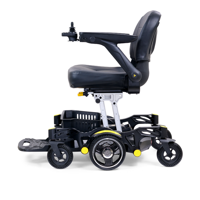 The Golden Tech GP130 Buzzaround CarryOn Portable Powerchair is a sleek, compact model in black and silver, with large wheels and joystick control. The cushioned seat and backrest enhance comfort while maintaining sturdiness, making it ideal for those seeking style and practicality.