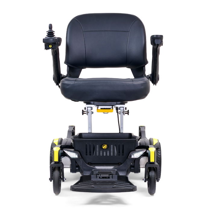 Front view of the Golden Tech GP130 Buzzaround CarryOn Portable Powerchair, black with padded seat and armrests. Features a joystick control on the right and a base accented in black and yellow with four small wheels for stability, perfect for urban mobility.