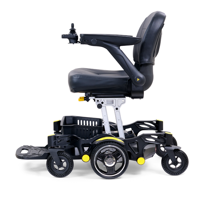 The Golden Tech GP130 Buzzaround CarryOn Powerchair is a sleek black, ultra-compact folding wheelchair with four small wheels, adjustable armrests, and a right-side joystick controller. It features visible metal frame components and a comfortable padded seat and backrest for style and functionality.