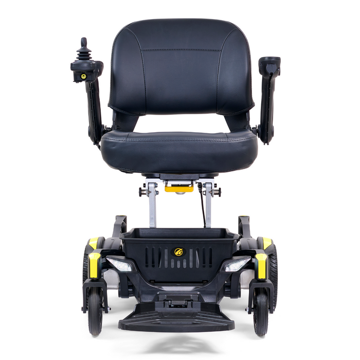 The Golden Tech GP130 Buzzaround CarryOn Portable Powerchair is an ultra-compact black and yellow electric scooter featuring a padded seat, armrests with one having joystick control, center wheel drive with four wheels, and a footplate. Its designed for optimal accessibility and comfort.