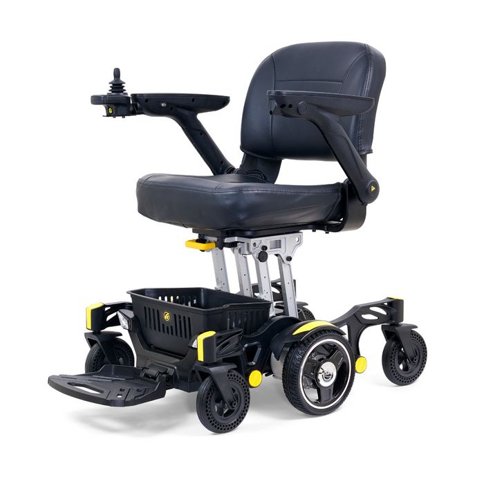 The Golden Tech GP130 Buzzaround CarryOn Portable Powerchair is an ultra-compact, black folding wheelchair featuring a control joystick on the right armrest, large rear wheels, small front wheels, a cushioned seat and backrest, foldable footrest, 4-wheel suspension, and under-seat storage.