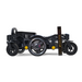 A sleek profile shot of the Golden Tech GP130 Buzzaround CarryOn Portable Powerchair in black is set against a white background. With its ultra-compact, three-wheel design and a ruler for scale, it features smaller front wheels, making it perfect for any adventure.