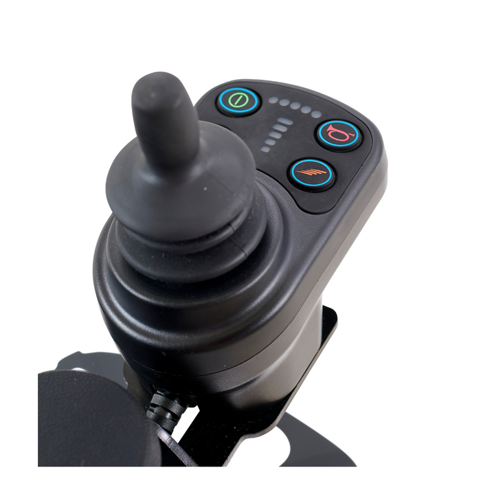 The Golden Tech GP130 Buzzaround CarryOn Portable Powerchair features a close-up view of its black joystick control panel with a protruding stick and four distinct symbol buttons.
