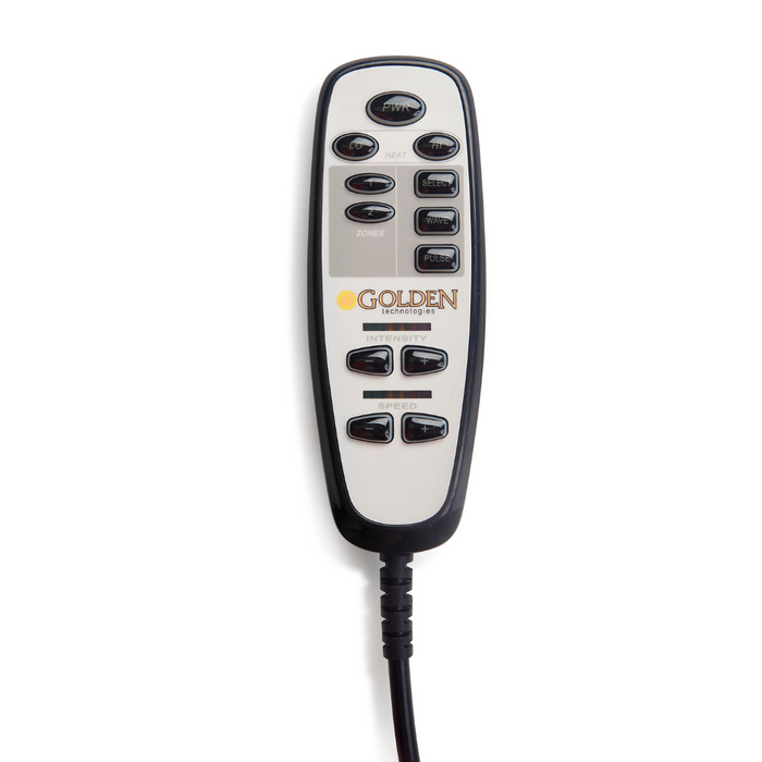The Golden Technologies Lift Chair Remote Replacement is a black and white remote for a Power Lift Chair, featuring multiple buttons for heat and massage functions. It connects by a cord and prominently displays the brand name, ensuring comfort and ease of use.