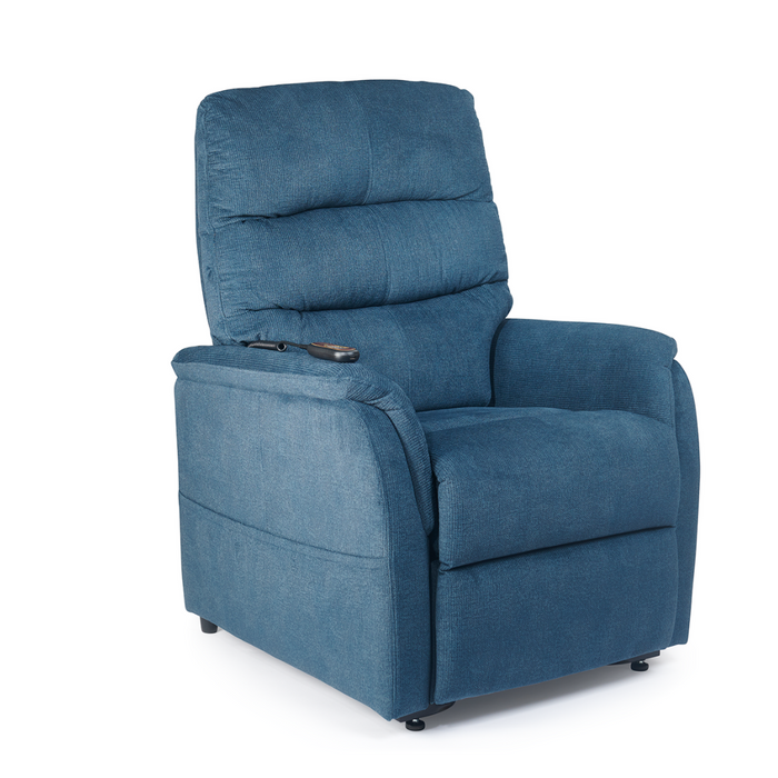 The blue Golden DeLuna Elara PR118 Recliner with Lift Assist features plush cushions and armrests, includes a remote on the right arm, and offers 3-position comfort and support. Its brilliantly positioned against a white background for emphasis.