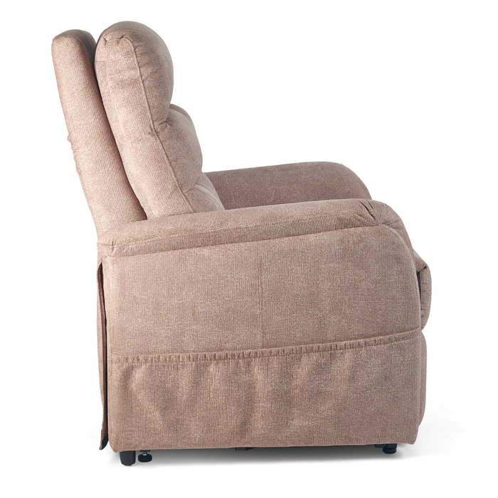 Side view of the Golden DeLuna Elara PR118 Lift Assist Recliner in beige, featuring a cushioned back and seat with soft, textured fabric. As an FDA Class II Medical Device, it offers an upright backrest in a simple design for optimal comfort and support.