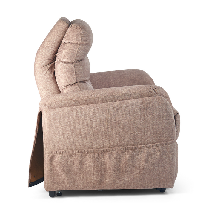 A side view of the Golden DeLuna Elara PR118 Recliner with Lift Assist in beige, featuring plush armrests and a high backrest, set against a plain white background. The soft, textured fabric ensures comfort and relaxation.