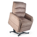 The Golden DeLuna Elara PR118 Recliner is a brown fabric-upholstered, 3-position reclining chair with lift assist. It features padded armrests, a cushioned backrest, and a robust black metal base for comfort and style.