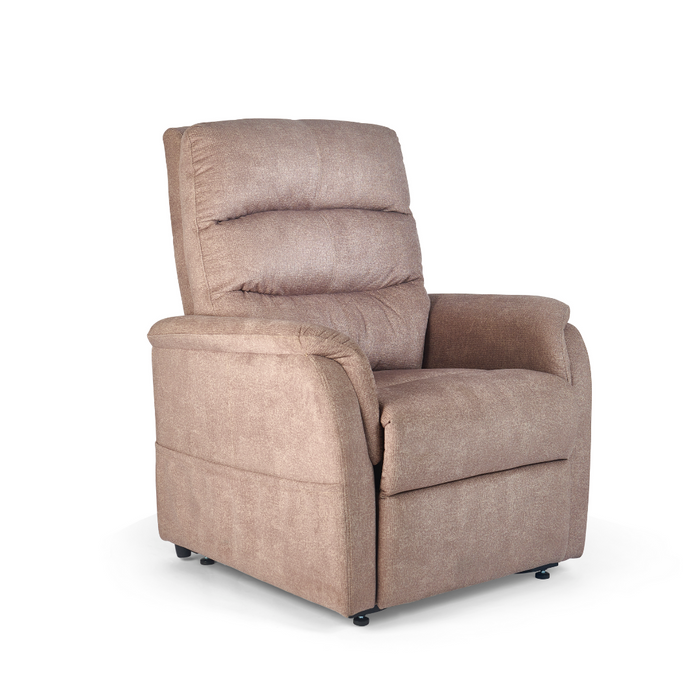 The Golden DeLuna Elara PR118 Recliner with Lift Assist - Small/Medium is a brown cushioned chair with padded armrests, designed for comfort. Set against a white background, it features a plush back with horizontal stitching for an enhanced cozy experience in 3 positions.