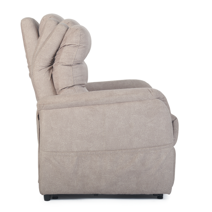 Side view of a beige, plush 3-position recliner chair with thick cushioning and a high backrest against a white background. From the Golden DeLuna Elara PR118 Recliner with Lift Assist - Small/Medium, it offers ultimate relaxation and ease.