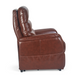 Side view of a Golden DeLuna Elara PR118 Recliner with Lift Assist in brown leather, featuring a cushioned back, seat, and armrests. This Small/Medium 3-Position Recliner is set against a plain white background.