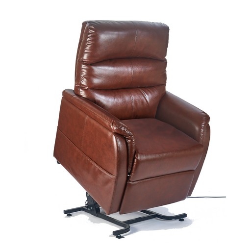 The Golden DeLuna Elara PR118 Recliner with Lift Assist - Small/Medium features a sleek brown leather design, cushioned armrests, and backrest. Its slight elevation reveals a black metal base, showcasing its 3-position recline for style and support.