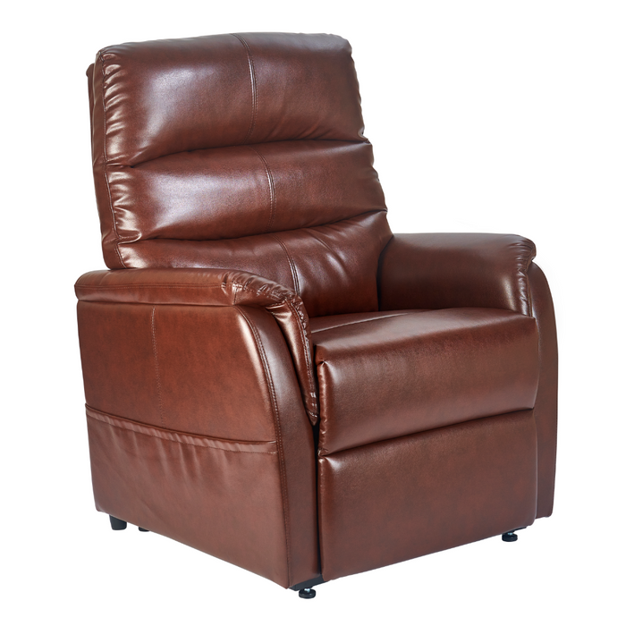 The Golden DeLuna Elara PR118 Recliner with Lift Assist is a plush, brown leather chair featuring thick armrests and a high backrest. Its positioned at an angle and doubles as an FDA Class II Medical Device for enhanced support, offering 3 positions and visible seams for comfort.