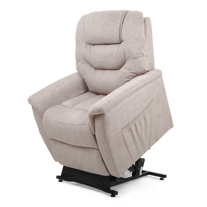 The Golden Tech PR446 DeLuna™ Dione Recliner with Lift Assist offers ultimate relaxation with MaxiComfort Positioning, cushioned back and armrests, a beige fabric, black metal frame, and includes a side pocket for essentials.