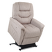 The Golden Tech PR446 DeLuna™ Dione Recliner with Lift Assist in beige offers supreme comfort with padded cushions, MaxiComfort Positioning, and armrests on a black metal base. Its side pocket enhances practicality.