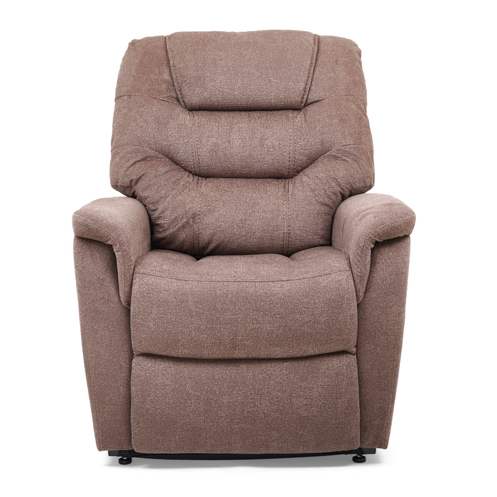 The Golden Tech PR446 DeLuna™ Dione Recliner with Lift Assist in medium features a plush brown design, high cushioned backrest, padded armrests, textured fabric, and MaxiComfort Positioning for optimal relaxation. Seen against a plain white background.