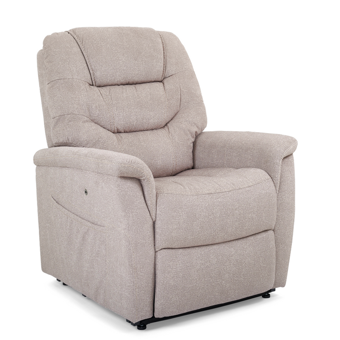 The Golden Tech PR446 DeLuna™ Dione Recliner with Lift Assist - Medium, in plush beige, offers padded armrests, a high backrest for comfort, MaxiComfort Positioning, and a Programmable AutoDrive Hand Control for enhanced ergonomic appeal in cozy soft fabric.