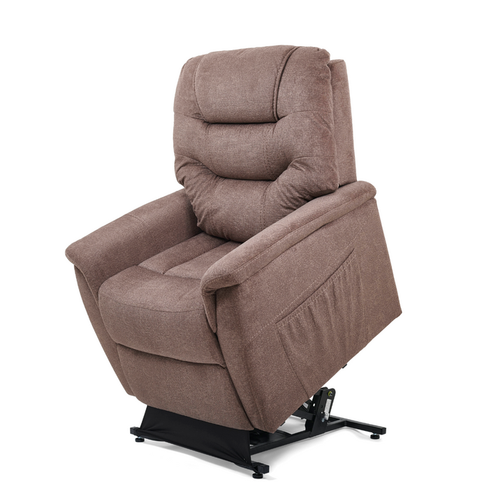 The Golden Tech PR446 DeLuna™ Dione Recliner with Lift Assist in brown fabric is shown partially elevated, designed for standing assistance. It features plush padding, a high backrest, MaxiComfort Positioning, and a Programmable AutoDrive Hand Control for convenience.