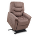 The Golden Tech PR446 DeLuna™ Dione Recliner, a brown upholstered chair with lift assist, plush padding, and MaxiComfort Positioning is displayed against a white backdrop. It includes a side pocket and elevated base for enhanced relaxation and ease of use.