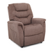 The Golden Tech PR446 DeLuna™ Dione Recliner with Lift Assist - Medium is a brown fabric chair featuring plush cushions, padded armrests, a side storage pocket, and an advanced Programmable AutoDrive Hand Control. Set at a slight angle on a white background.