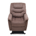 The Golden Tech PR446 DeLuna™ Dione Recliner in brown offers plush comfort with a cushioned backrest and armrests. It features MaxiComfort Positioning, a Programmable AutoDrive Hand Control for easy adjustments, and Lift Assist, set against a white background, for ultimate relaxation.