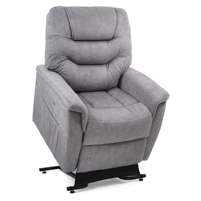 The Golden Tech PR446 DeLuna™ Dione Recliner with Lift Assist - Medium offers plush comfort with cushioned armrests, a high backrest, slightly angled seat, and extended base for MaxiComfort Positioning, all supported by a programmable AutoDrive hand control for personalized relaxation.