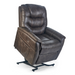 The Golden Tech PR446 DeLuna™ Dione Recliner in dark brown leather features cushioned seats and backrest, MaxiComfort Positioning, lift assist with a forward tilt, a side pocket on one armrest, a metal base, and Programmable AutoDrive Hand Control for convenience.