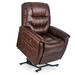 The Golden Tech PR446 DeLuna™ Dione Recliner in brown leather features padded backrest, armrests, a side pocket, and sits on a black metal base. It offers MaxiComfort Positioning and includes a Programmable AutoDrive Hand Control for easy adjustments.