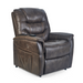 The Golden Tech PR446 DeLuna™ Dione Recliner with Lift Assist in medium brown leather features plush cushions, visible stitching, and a side pocket with a Programmable AutoDrive Hand Control. Its angled for optimal front and side views, ensuring effortless comfort.