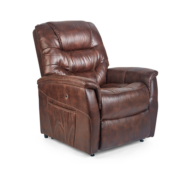 The Golden Tech PR446 DeLuna™ Dione Recliner with Lift Assist in brown leather offers a cushioned back, armrests, visible stitching, side pocket, and small black feet. Its classic design includes a Programmable AutoDrive Hand Control for effortless MaxiComfort positioning.