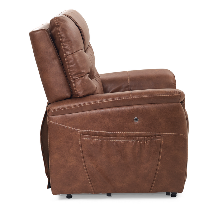 Side view of a brown leather Golden Tech PR446 DeLuna™ Dione Recliner with Lift Assist - Medium, featuring plush cushions and a side pocket. Offering ultimate relaxation, it includes MaxiComfort Positioning and Programmable AutoDrive Hand Control for personalized comfort.