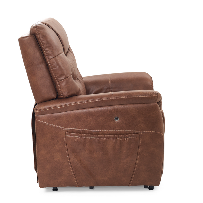 The Golden Tech PR446 DeLuna™ Dione Recliner with Lift Assist - Medium features a side view of its brown leather design, showcasing button details on the backrest. It offers MaxiComfort Positioning, an external side pocket, and looks cushioned and comfortable against a plain white background.