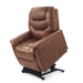 The Golden Tech PR446 DeLuna™ Dione Recliner with Lift Assist - Medium is a plush brown leather chair in a raised position showcasing its black metal base. It includes side armrest pockets and a Programmable AutoDrive Hand Control for easy adjustment.