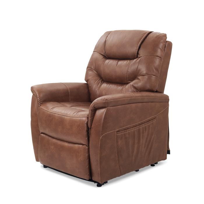 The Golden Tech PR446 DeLuna™ Dione Recliner with Lift Assist in medium offers plush brown leather comfort, cushioned armrests and backrest, side pocket, left-angle design, MaxiComfort Positioning, and Programmable AutoDrive Hand Control for ultimate relaxation.