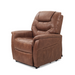 The Golden Tech PR446 DeLuna™ Dione Recliner with Lift Assist in medium offers plush brown leather comfort, cushioned armrests and backrest, side pocket, left-angle design, MaxiComfort Positioning, and Programmable AutoDrive Hand Control for ultimate relaxation.